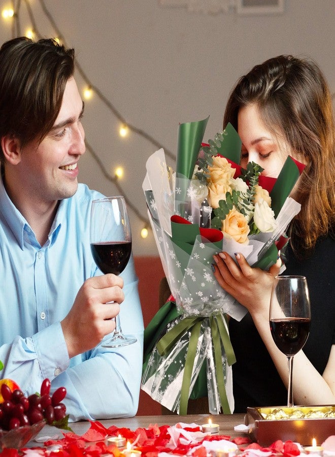 وولاين مجموعة أوراق تغليف زهور عيد الميلاد من والين، 40 قطعة، لون مزدوج أحمر وأخضر، أوراق تغليف زهور مزينة برقاقات ثلجية، أوراق تغليف باقات زهور من السيلوفان، 23 × 23 بوصة - Image 5